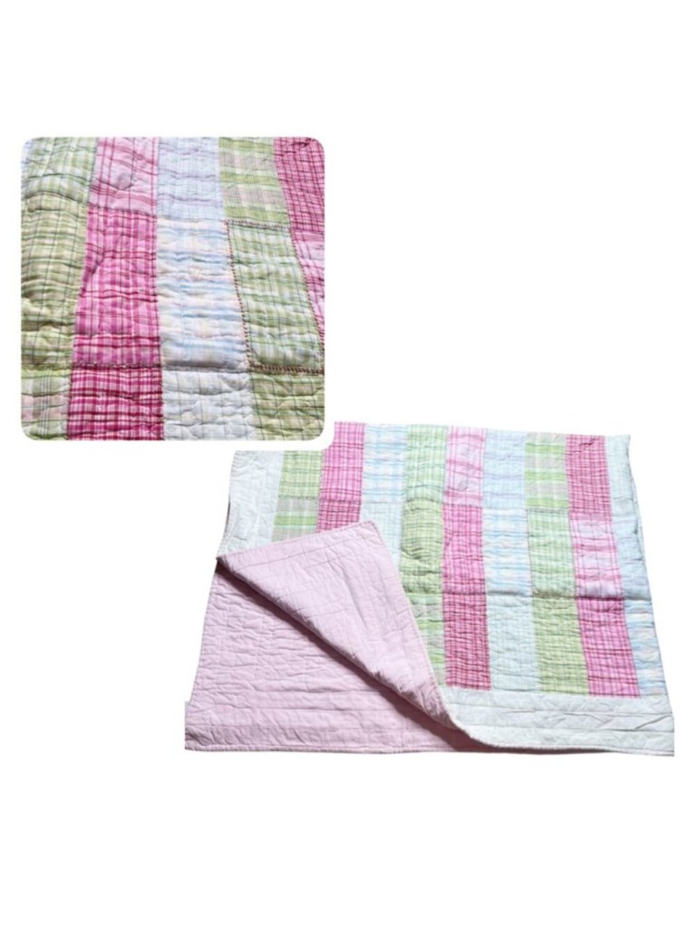 Pottery Barn Kids Twin XL Quilt Plaid Patchwork Pink Green Reversible Bedding